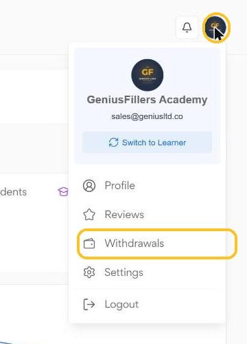 The account menu under your profile icon, with Withdrawals highlighted