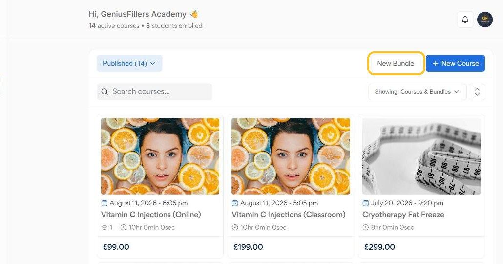 The My Courses screen in the new dashboard with the New Course and New Bundle buttons highlighted