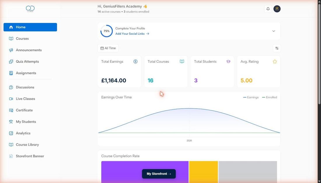 The new academy dashboard home showing the refreshed left menu with Course Library and Storefront Banner highlighted