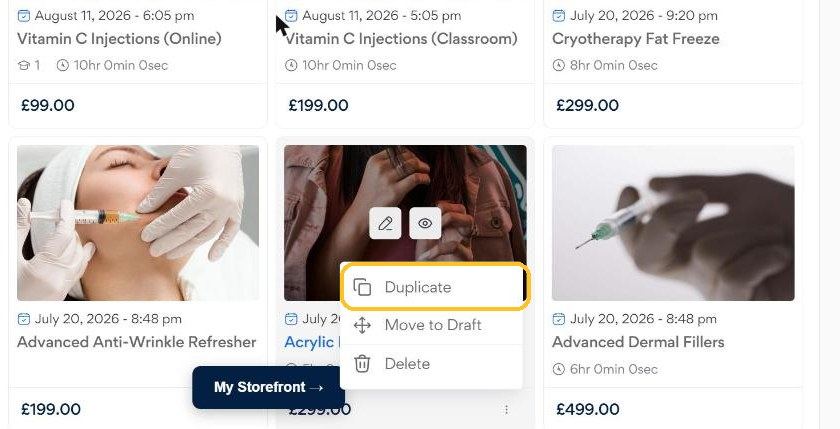 The three-dot menu on a course card with the new Duplicate option highlighted