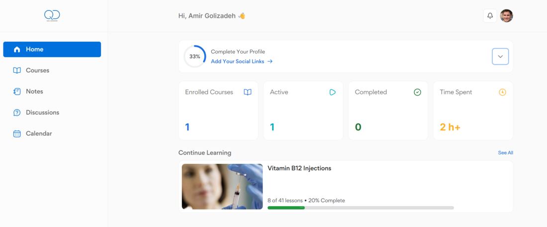The new student dashboard home showing enrolled courses, progress stats and the Continue Learning list